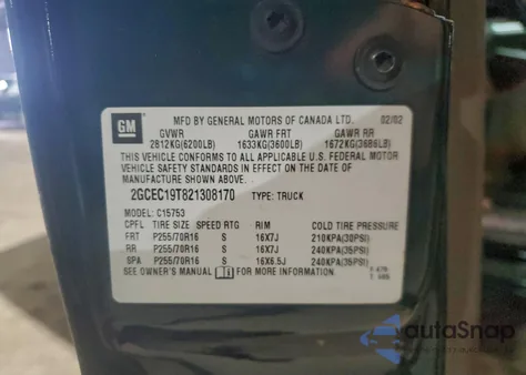 2002 Chevrolet Silverado C1500 from USA, damaged, VIN 2GCEC19T821308170